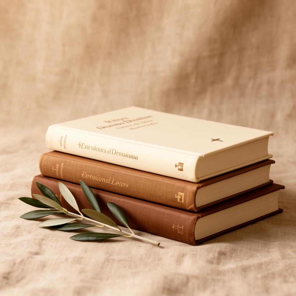 A stack of devotional books and an olive branch on warm linen